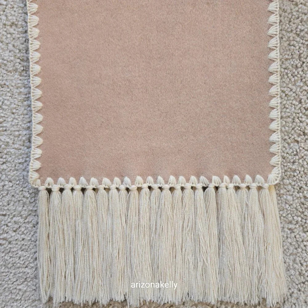 NWOT Cashmere Tan Scarf with Embroidery Detail and Fringe